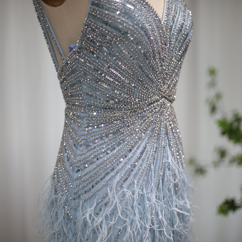 Luxury Beaded Blue Mermaid Feathers Evening Dress SS004
