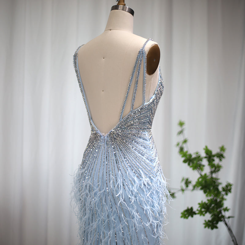 Luxury Beaded Blue Mermaid Feathers Evening Dress SS004