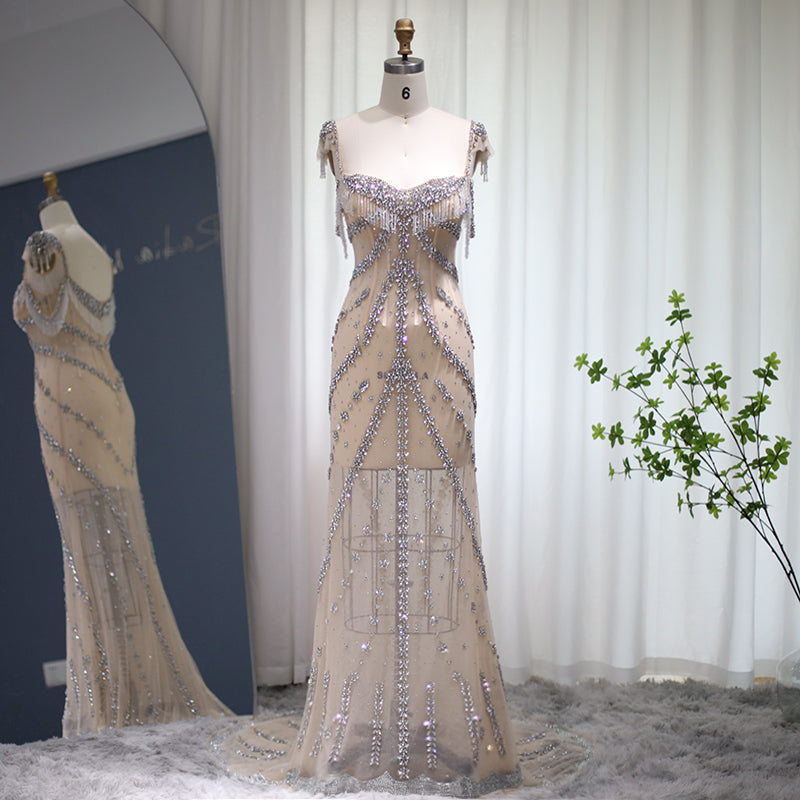 Elegant Crystal Tassel Nude Mermaid Evening Dresses SS358