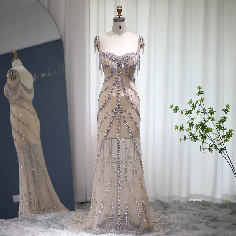 Luxury Crystal Tassel Nude Mermaid Evening Dress SS358