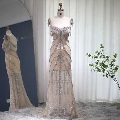 Luxury Crystal Tassel Nude Mermaid Evening Dress SS358