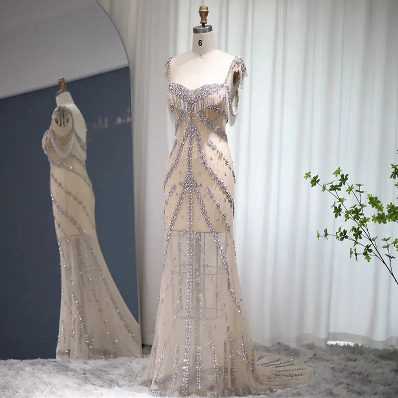 Luxury Crystal Tassel Nude Mermaid Evening Dress SS358