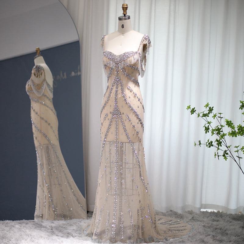 Elegant Crystal Tassel Nude Mermaid Evening Dresses SS358