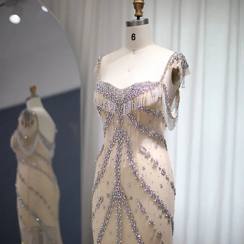 Luxury Crystal Tassel Nude Mermaid Evening Dress SS358