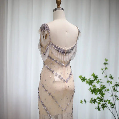 Luxury Crystal Tassel Nude Mermaid Evening Dress SS358
