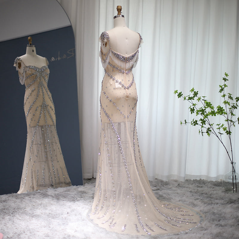 Elegant Crystal Tassel Nude Mermaid Evening Dresses SS358