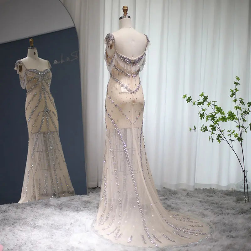 Luxury Crystal Tassel Nude Mermaid Evening Dress SS358
