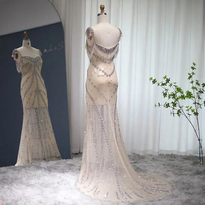 Luxury Crystal Tassel Nude Mermaid Evening Dress SS358