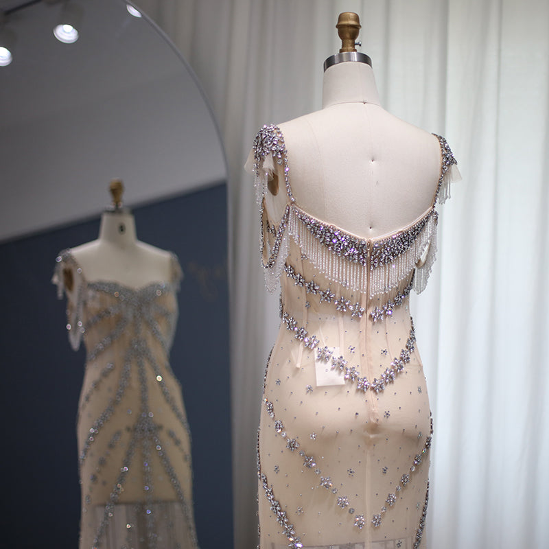 Elegant Crystal Tassel Nude Mermaid Evening Dresses SS358