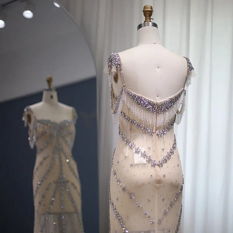 Luxury Crystal Tassel Nude Mermaid Evening Dress SS358
