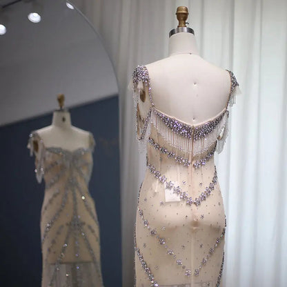 Luxury Crystal Tassel Nude Mermaid Evening Dress SS358