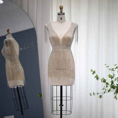 Luxury Beaded Tassel V-Neck Short Cocktail Dress RM043