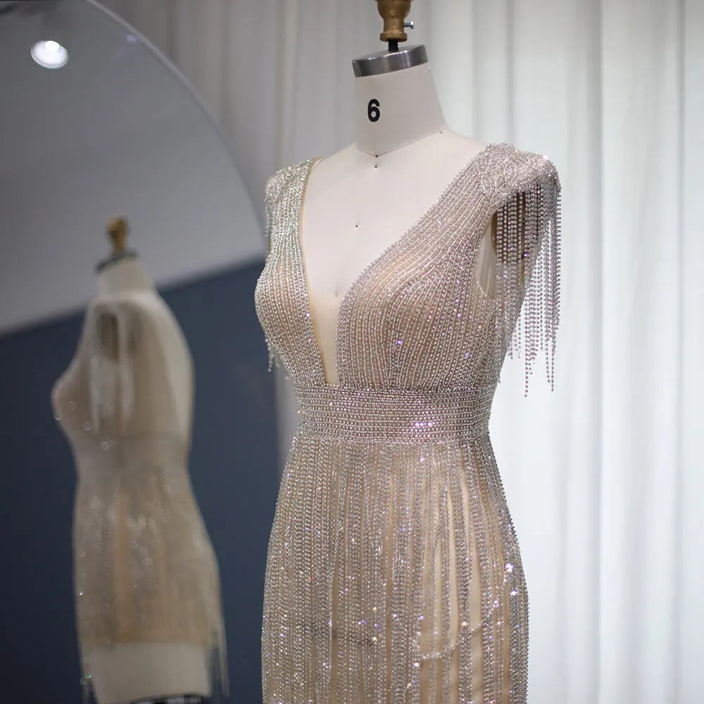 Luxury Beaded Tassel V-Neck Short Cocktail Dress RM043