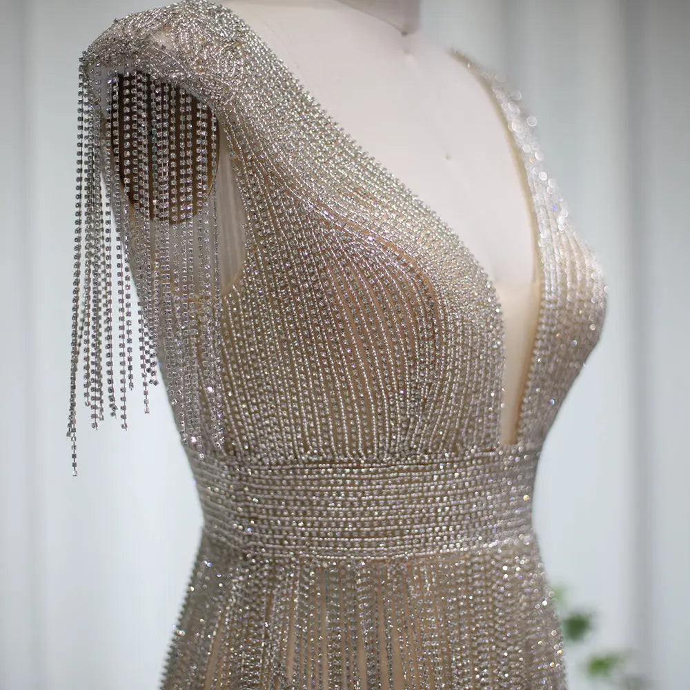 Luxury Beaded Tassel V-Neck Short Cocktail Dress RM043