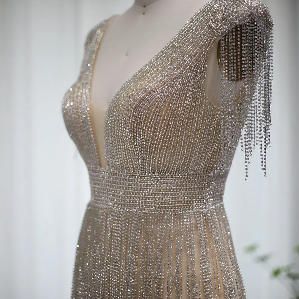 Luxury Beaded Tassel V-Neck Short Cocktail Dress RM043