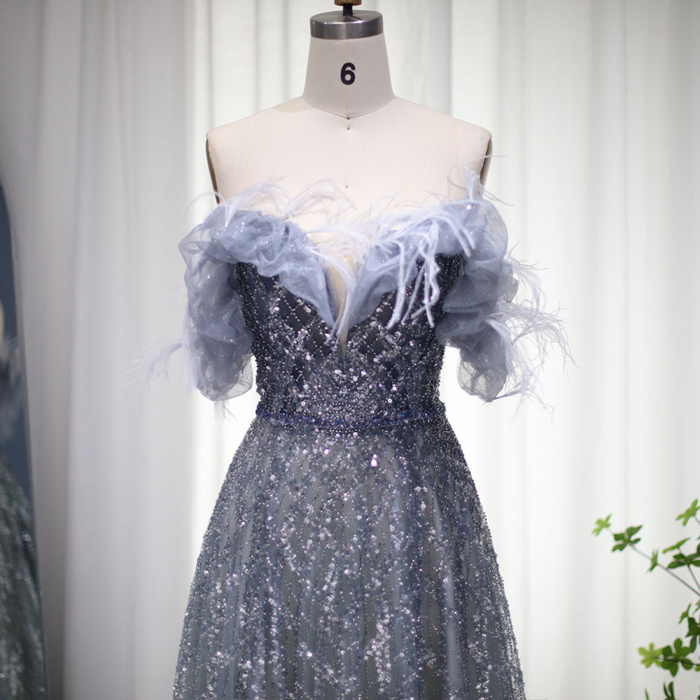 Luxury Feathers Green Off Shoulder Evening Dresses with Sequin SS303