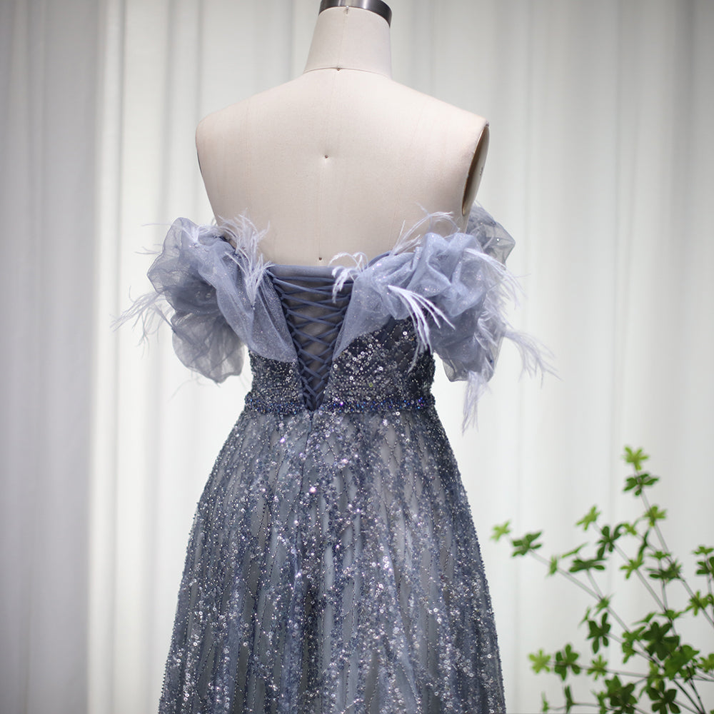 Luxury Feathers Green Off Shoulder Evening Dresses with Sequin SS303
