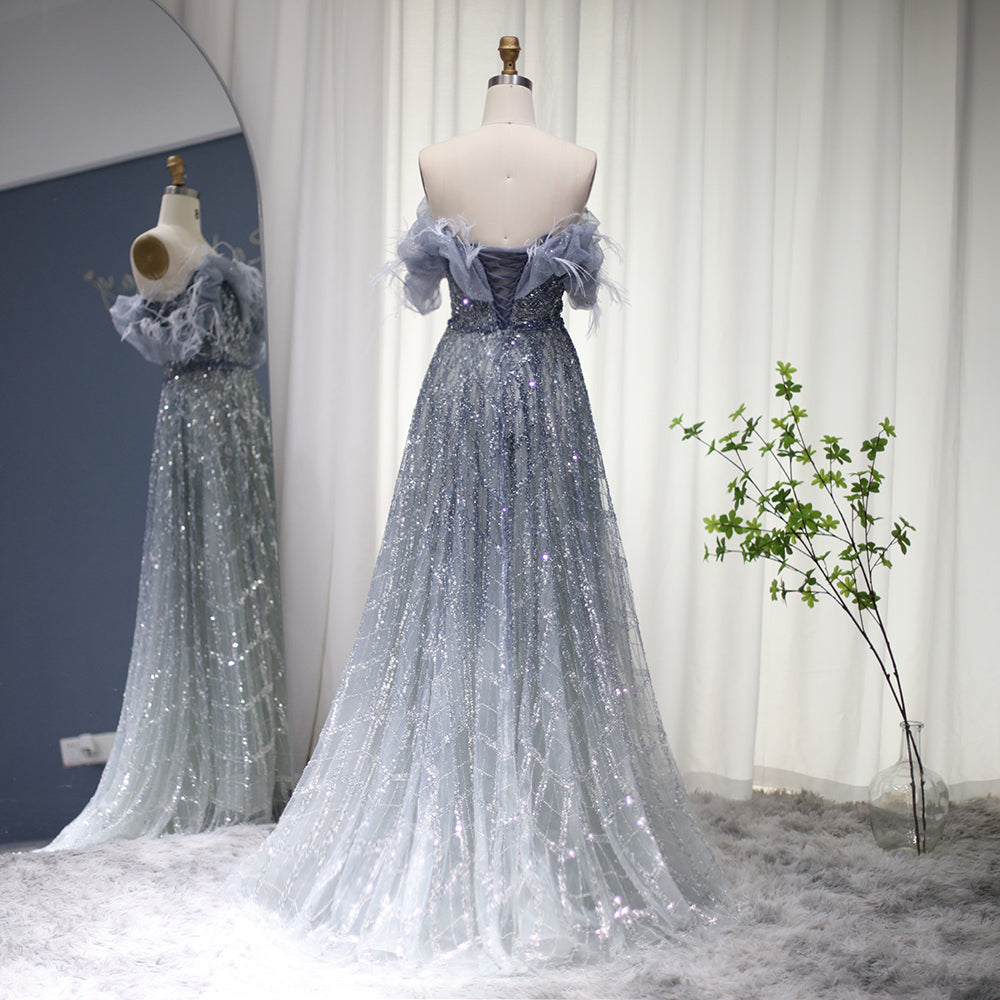 Luxury Feathers Green Off Shoulder Evening Dresses with Sequin SS303