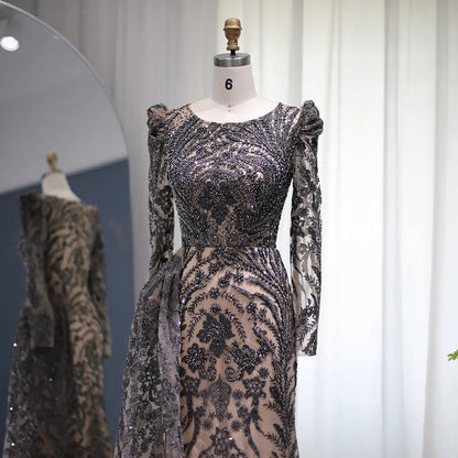 Luxury Burgundy Long Sleeves Evening Dress with Overskirt SS127