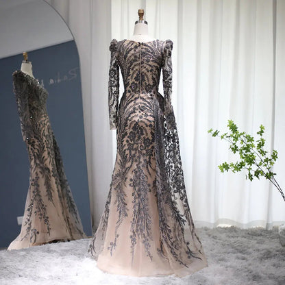 Luxury Burgundy Long Sleeves Evening Dress with Overskirt SS127