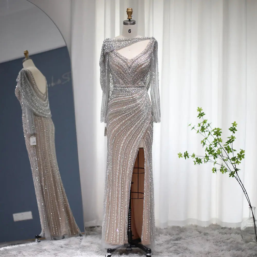 Luxury Beaded Silver Slit Mermaid Evening Dress with Cape SS035