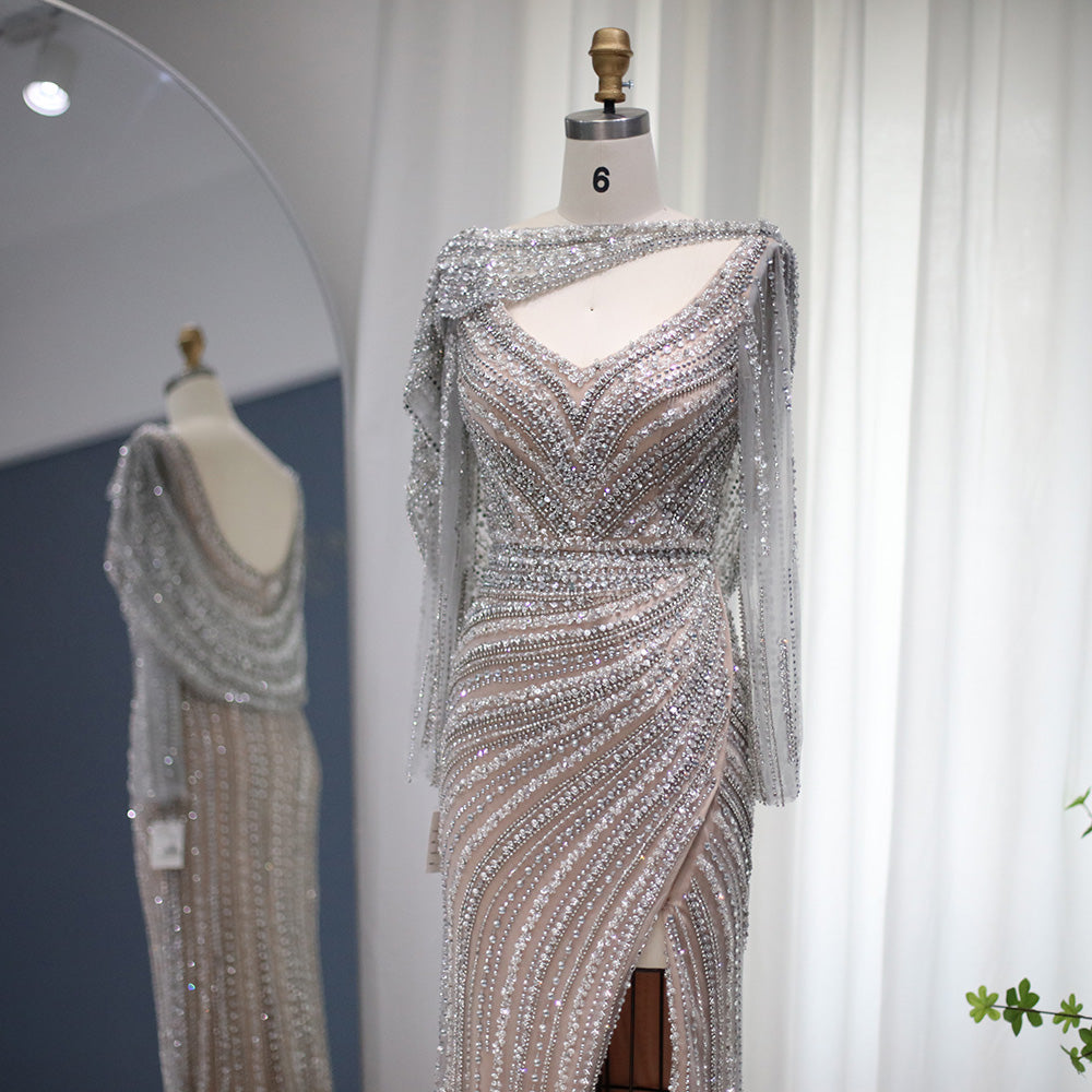 Luxury Beaded Silver Mermaid Evening Dress with Cape SS035