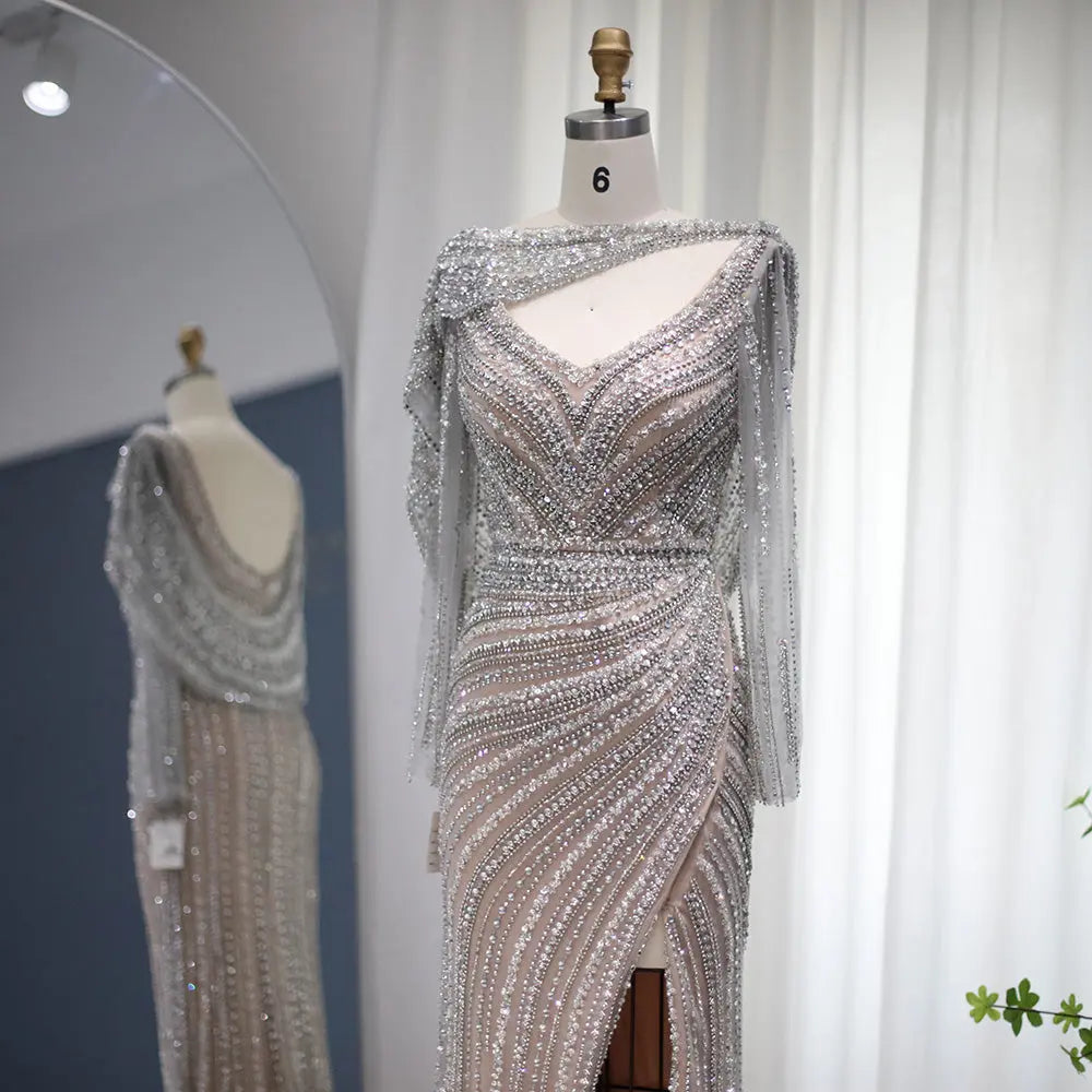 Luxury Beaded Silver Slit Mermaid Evening Dress with Cape SS035