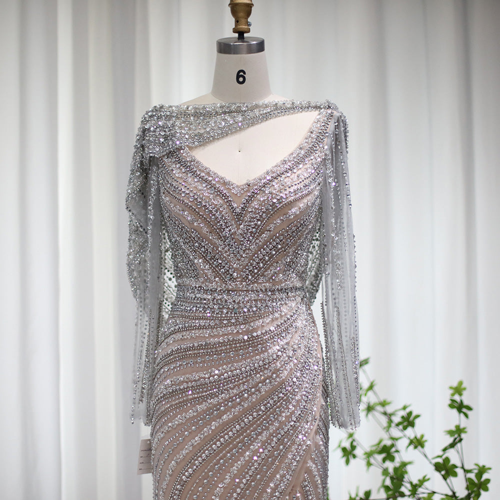 Luxury Beaded Silver Mermaid Evening Dress with Cape SS035