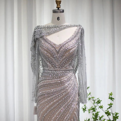 Luxury Beaded Silver Slit Mermaid Evening Dress with Cape SS035