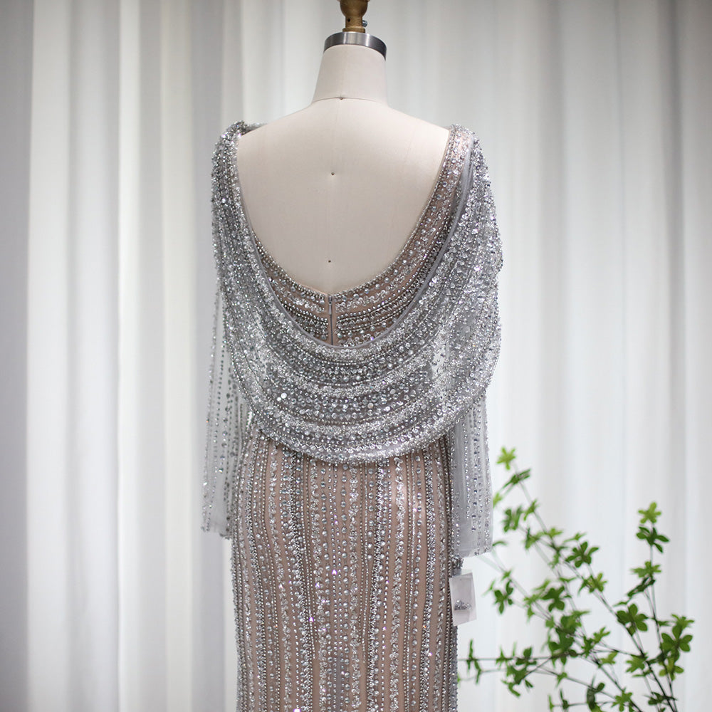 Luxury Beaded Silver Mermaid Evening Dress with Cape SS035