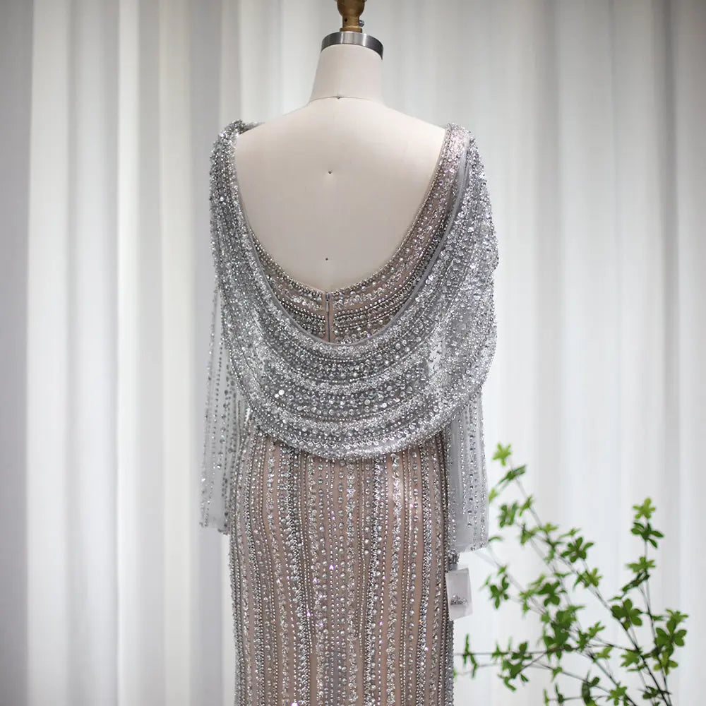 Luxury Beaded Silver Slit Mermaid Evening Dress with Cape SS035
