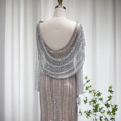 Luxury Beaded Silver Slit Mermaid Evening Dress with Cape SS035