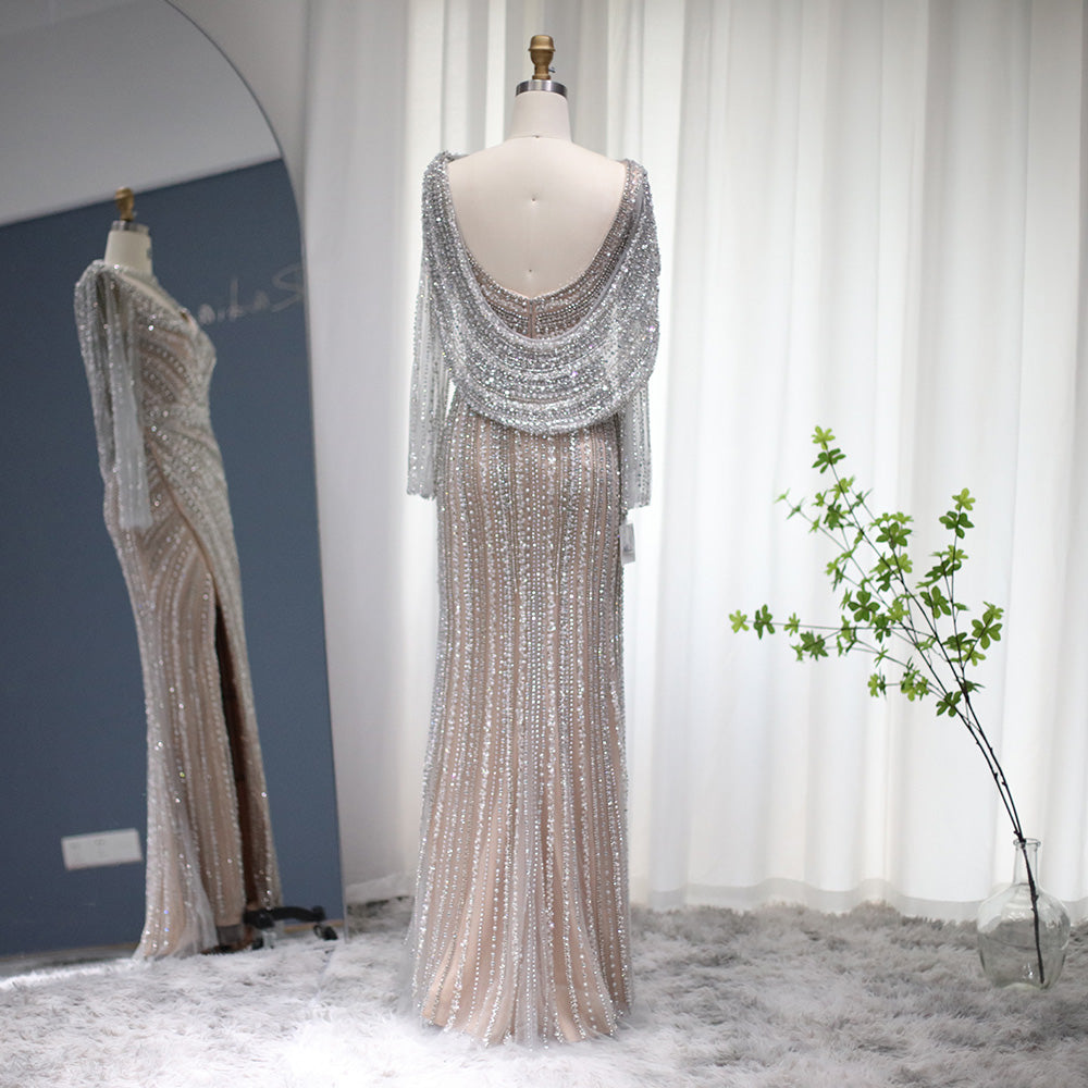 Luxury Beaded Silver Mermaid Evening Dress with Cape SS035