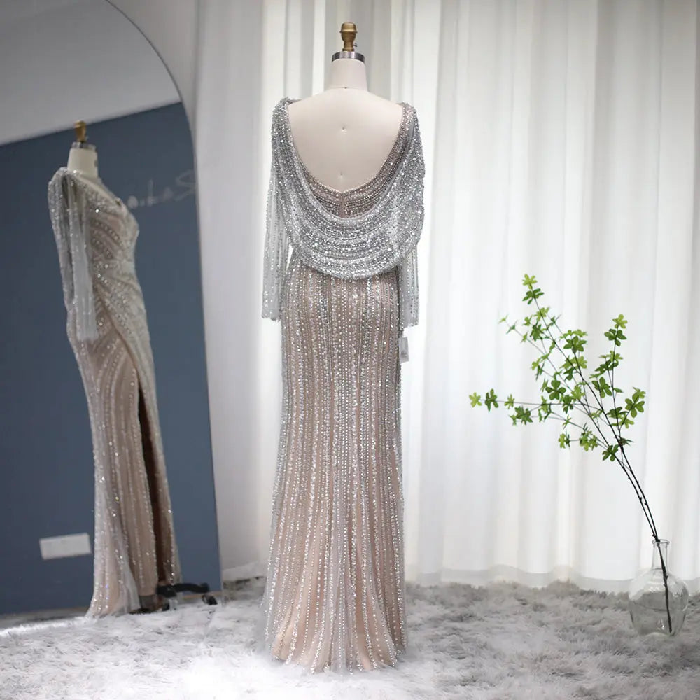 Luxury Beaded Silver Slit Mermaid Evening Dress with Cape SS035