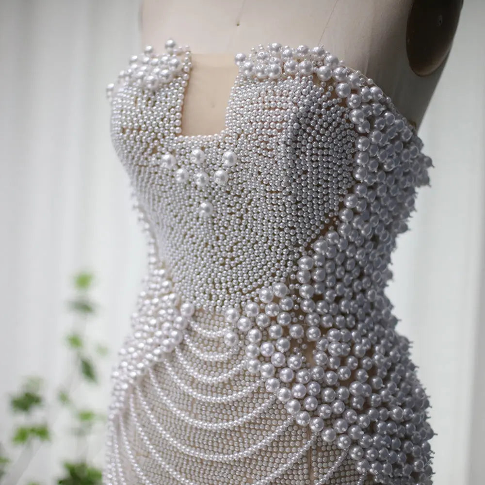 Luxury Pearls Tassels Strapless Cocktail Party Dress RM029