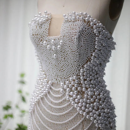 Luxury Pearls Tassels Strapless Cocktail Party Dress RM029