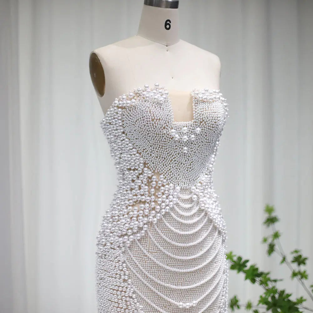 Luxury Pearls Tassels Strapless Cocktail Party Dress RM029