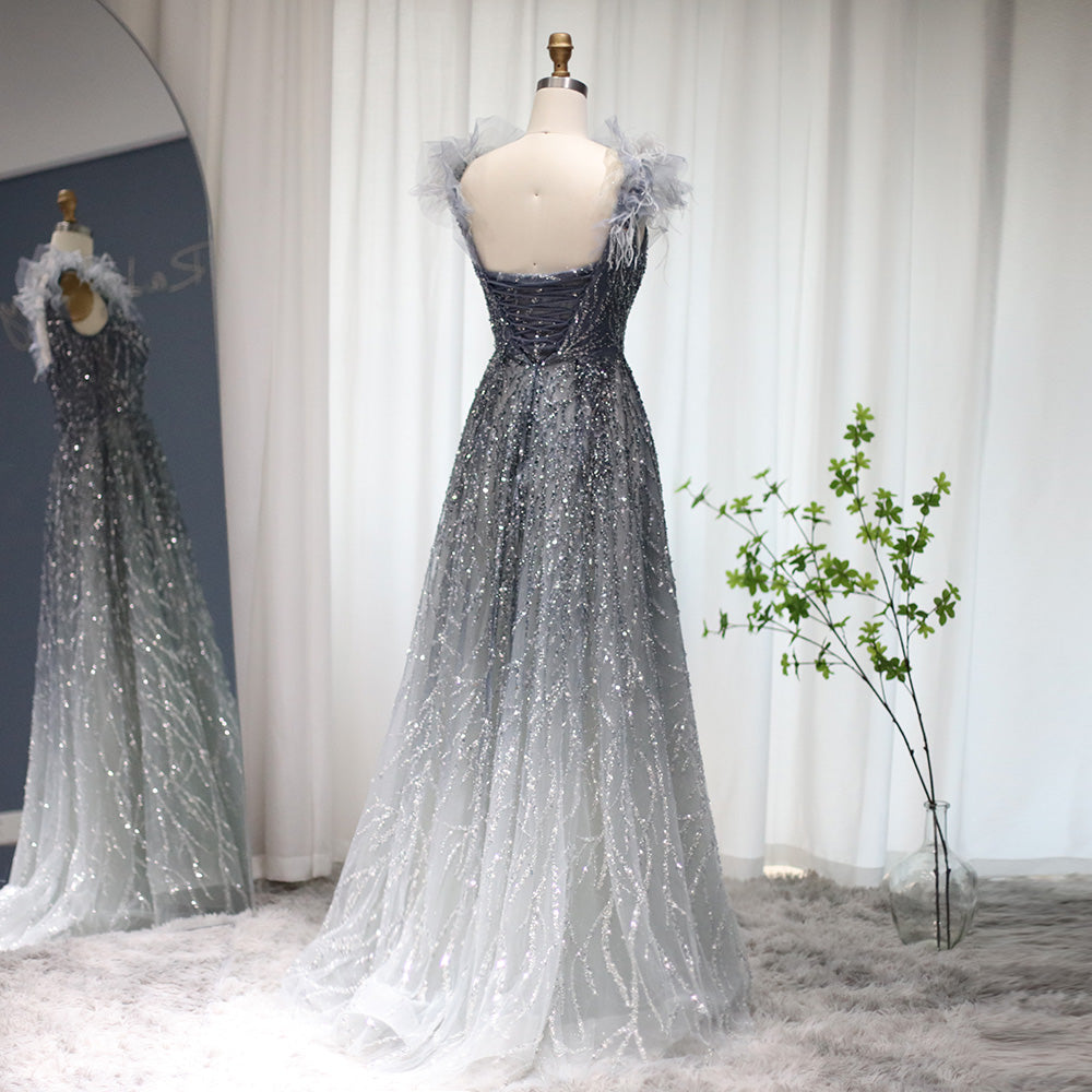 Luxury Feathers Blue V-Neck Beaded Evening Dress SS335