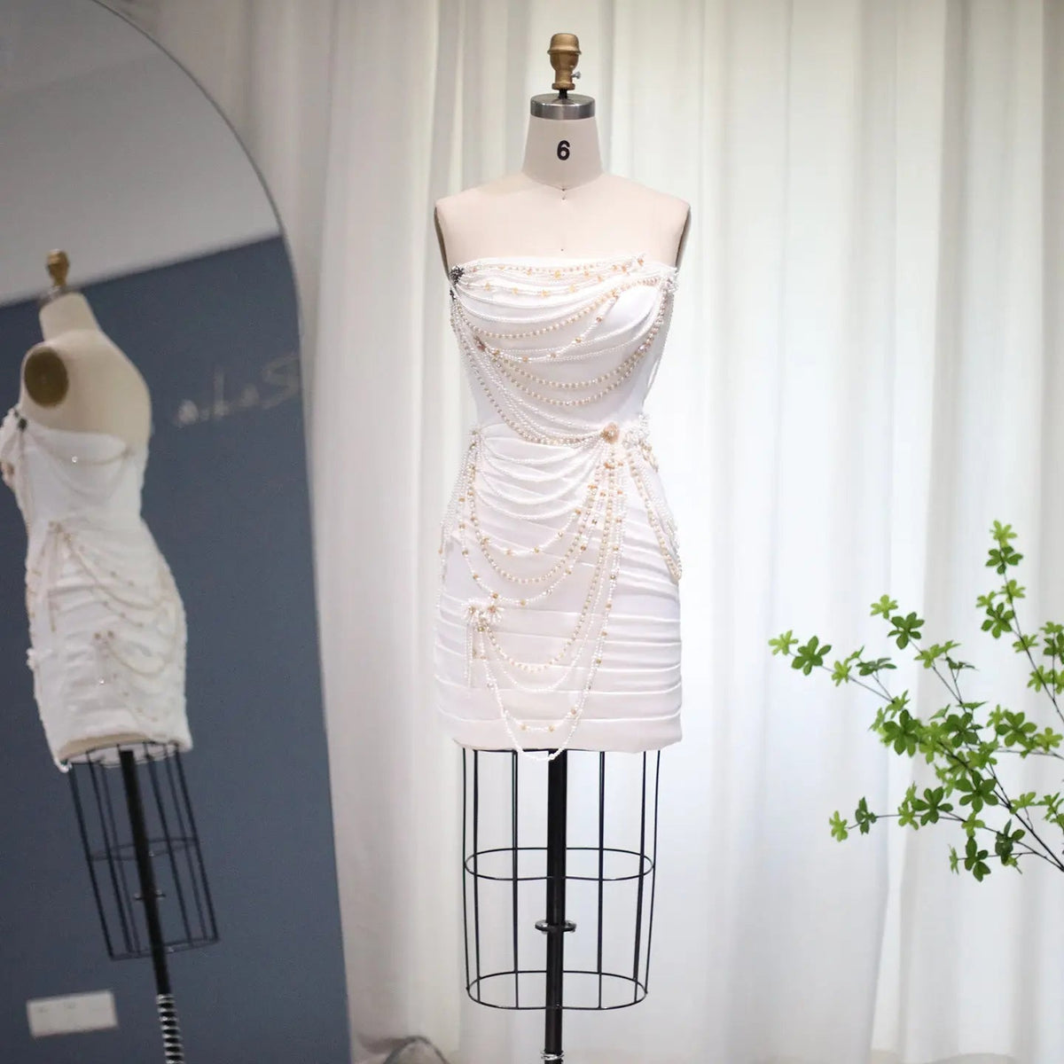 Luxury White Pearls Tassel Short Cocktail Party Dress RM035