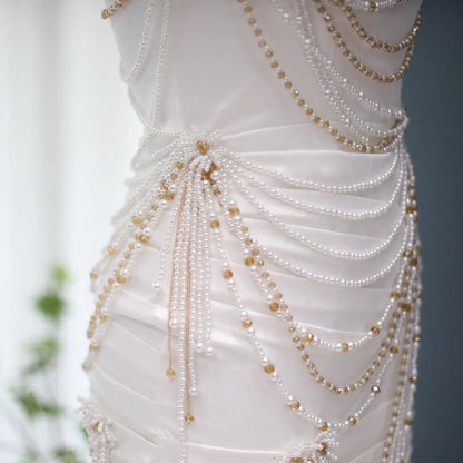 Luxury White Pearls Tassel Short Cocktail Party Dress RM035