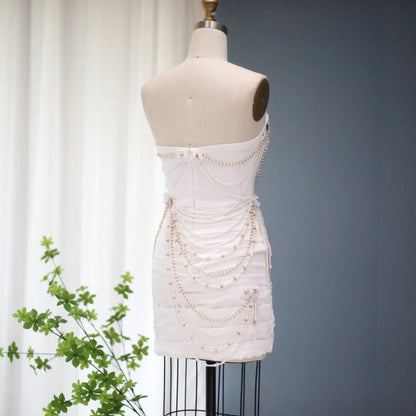 Luxury White Pearls Tassel Short Cocktail Party Dress RM035