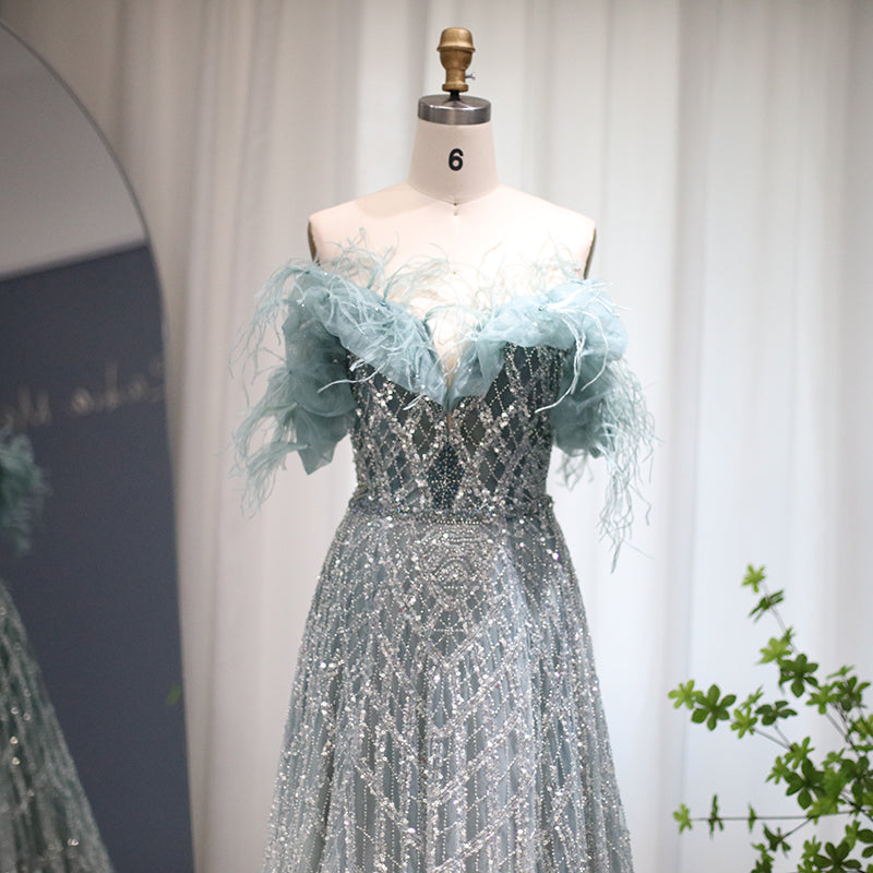 Luxury Feathers Green Off Shoulder Evening Dresses with Sequin SS303