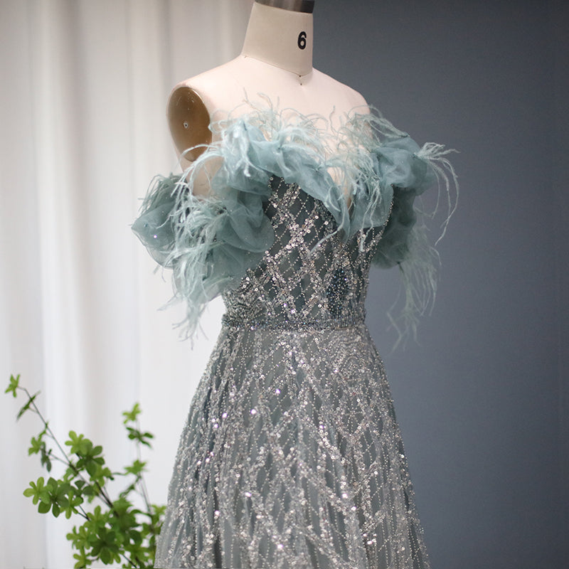 Luxury Feathers Green Off Shoulder Evening Dresses with Sequin SS303