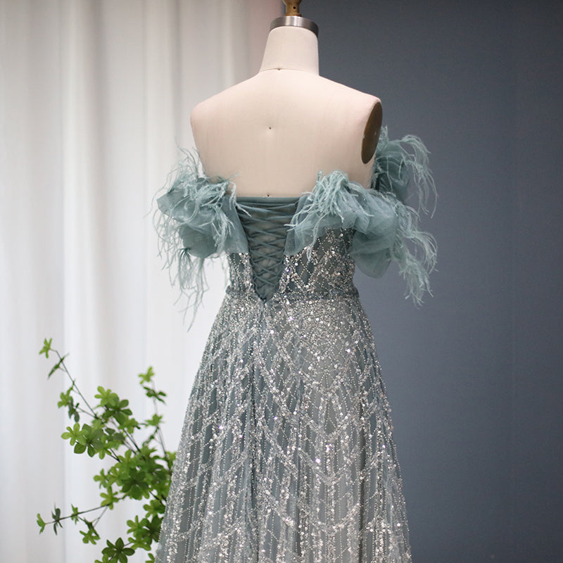 Luxury Feathers Green Off Shoulder Evening Dresses with Sequin SS303