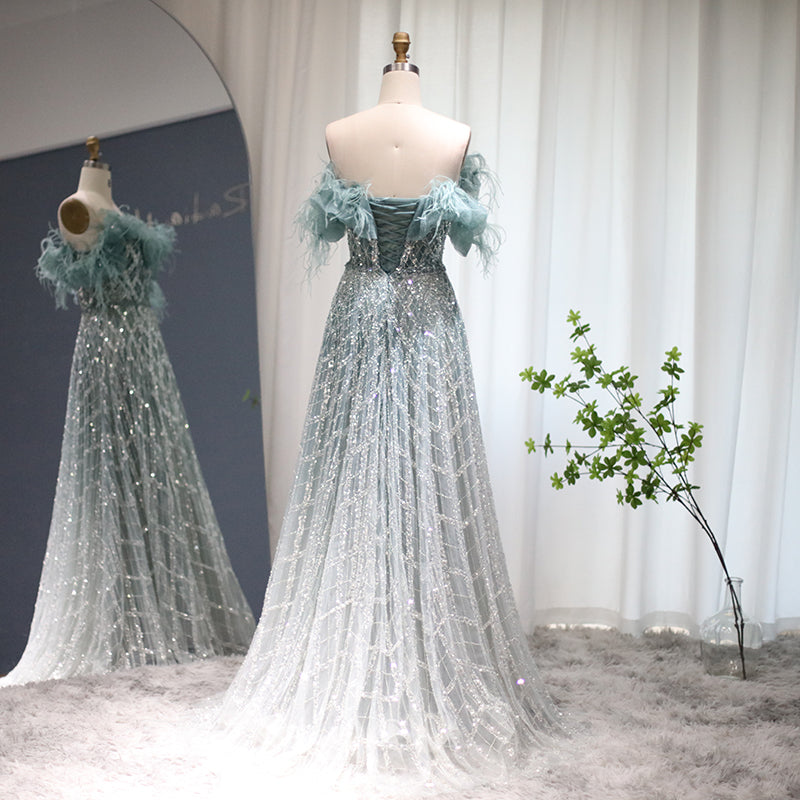 Luxury Feathers Green Off Shoulder Evening Dresses with Sequin SS303