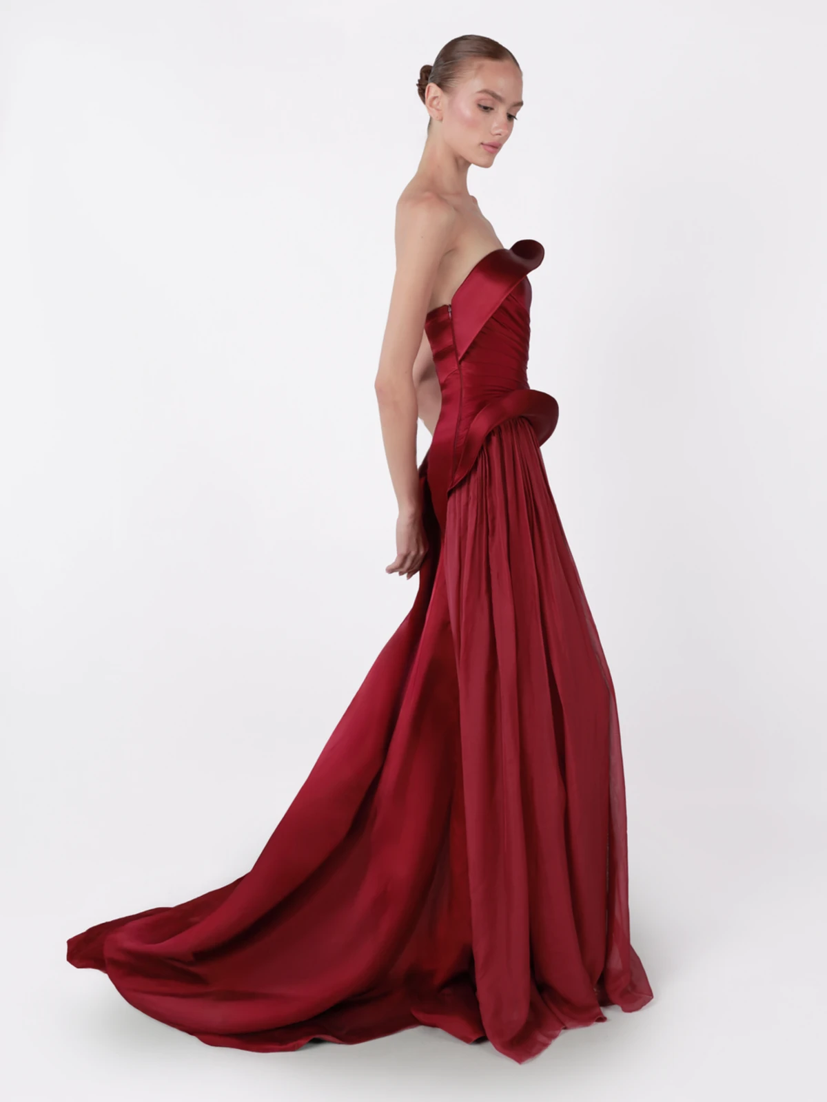 Luxury Wine Red Strapless Ruched Satin Evening Dress with Overskirt SF021