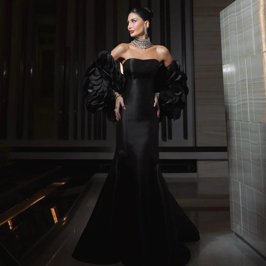 Luxury Black Strapless Mermaid Evening Dress with Petal Overlay SF 588
