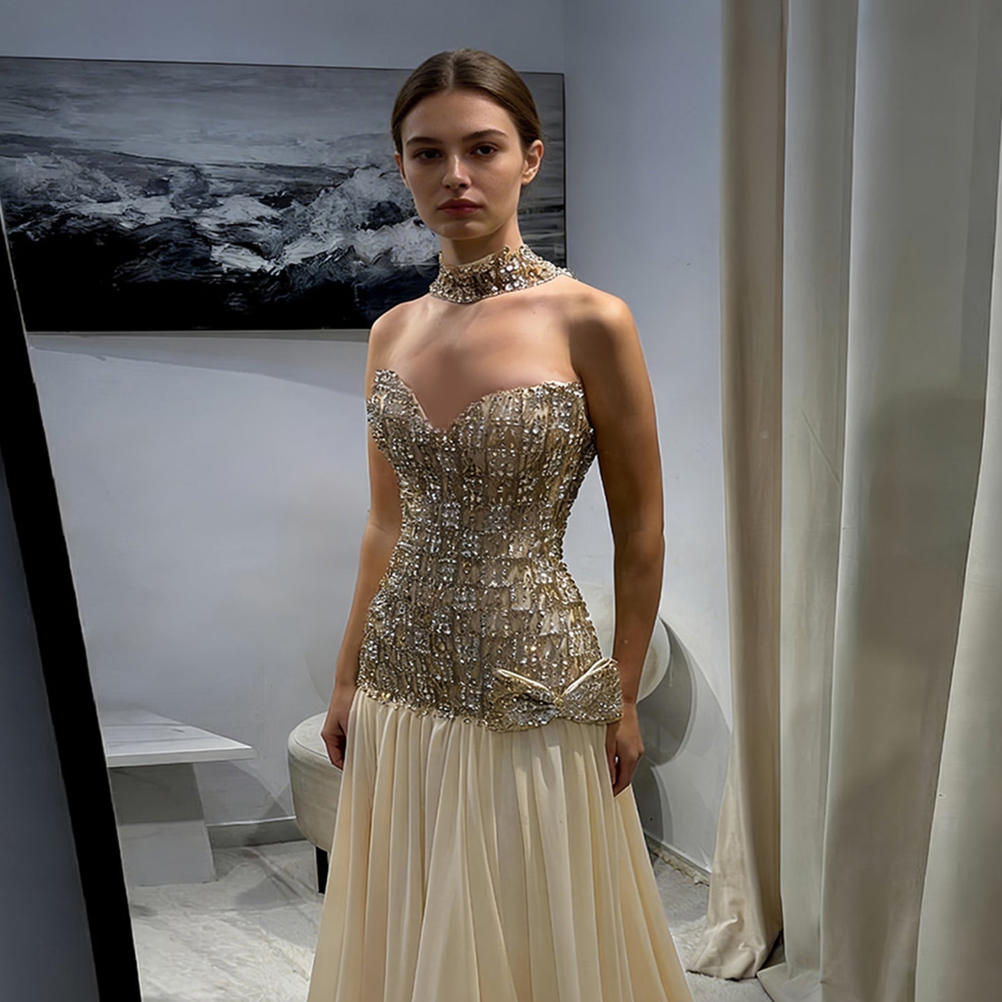 Luxury Gold Strapless Beaded Corset Evening Dress with Choker SS504