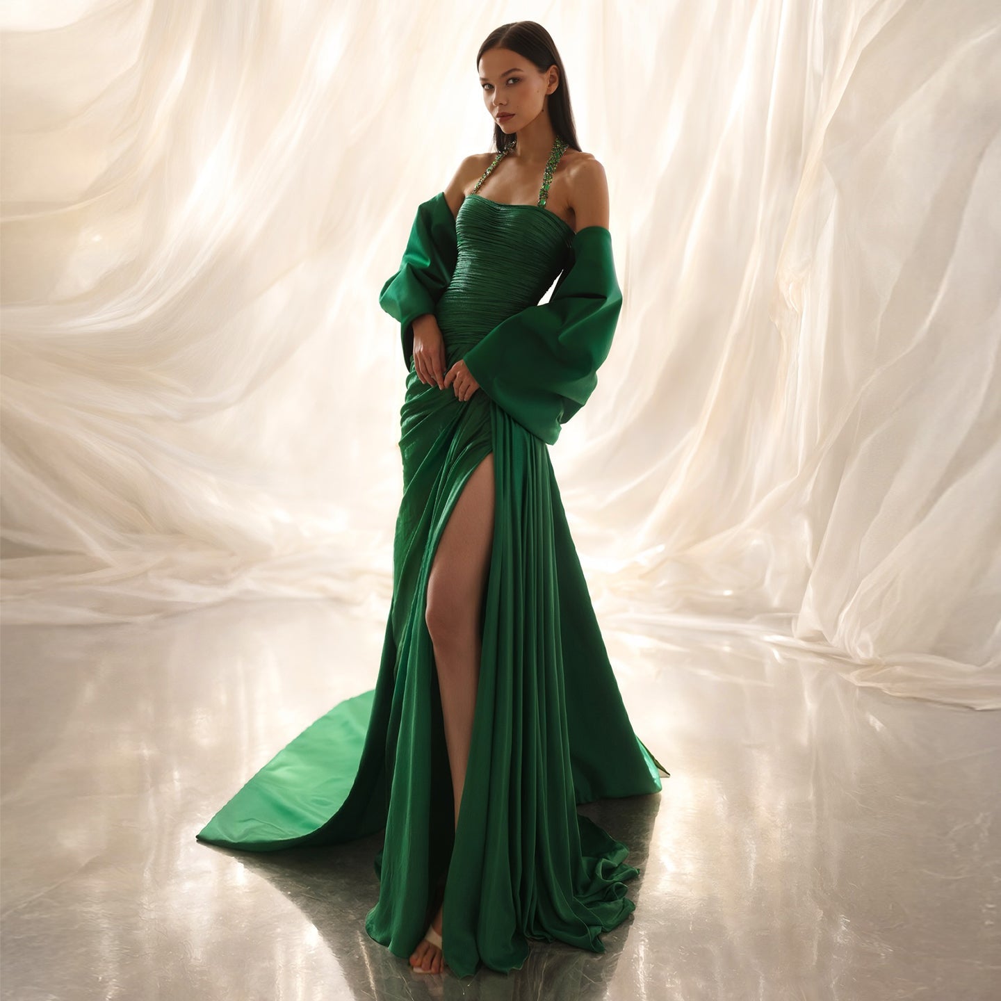Glamorous Green Puff Sleeve High Slit Satin Evening Dress with Cap Sleeve SF220
