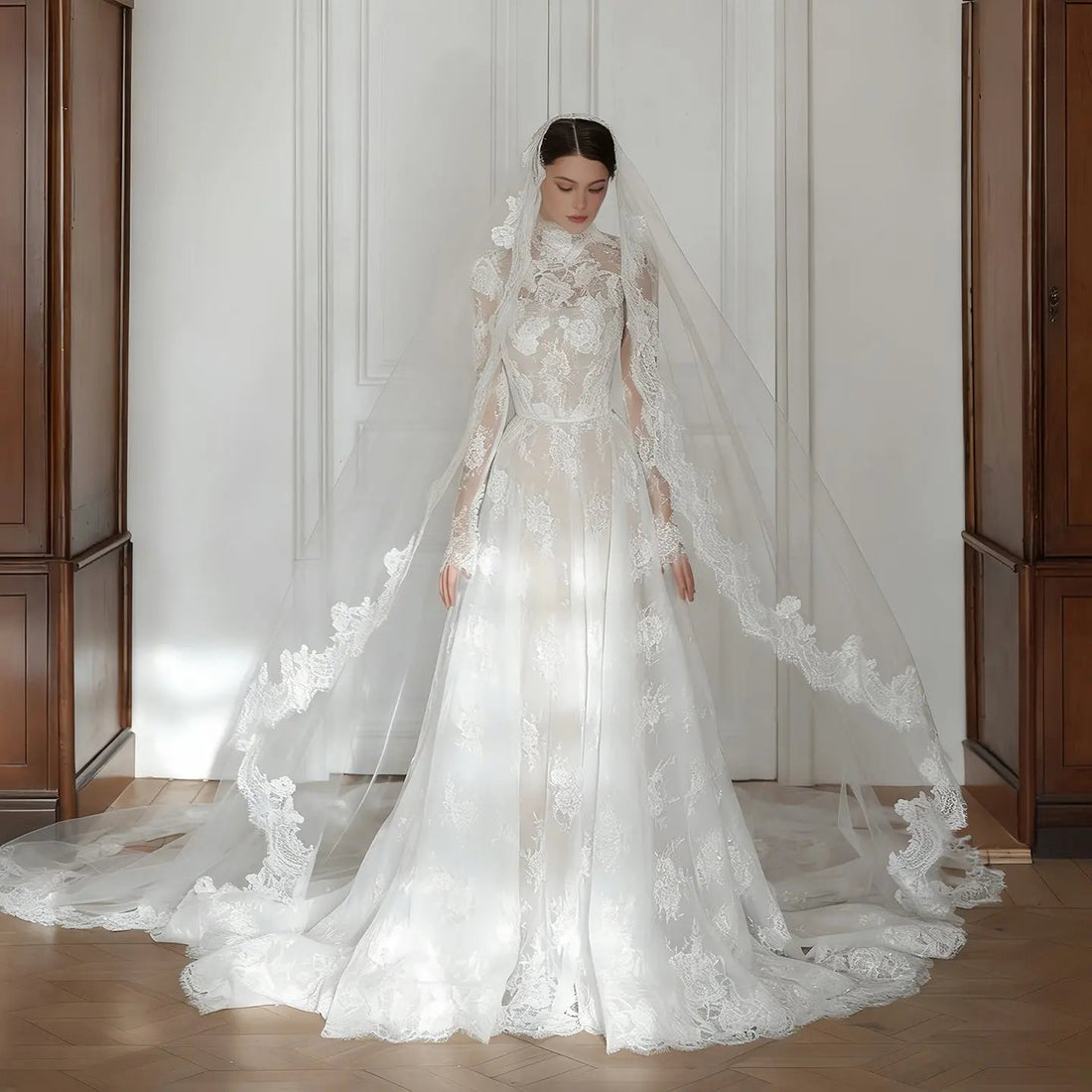 Regal Ivory Lace High Neck Long Sleeve Wedding Dress with Cathedral Veil SW277